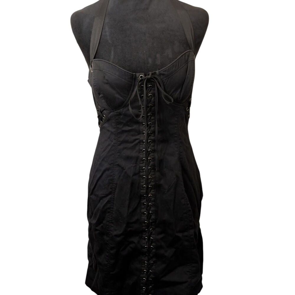 Guess Black Lace Up Halter Corset Mini Dress Size 9 Vintage Y2K Goth Grunge
